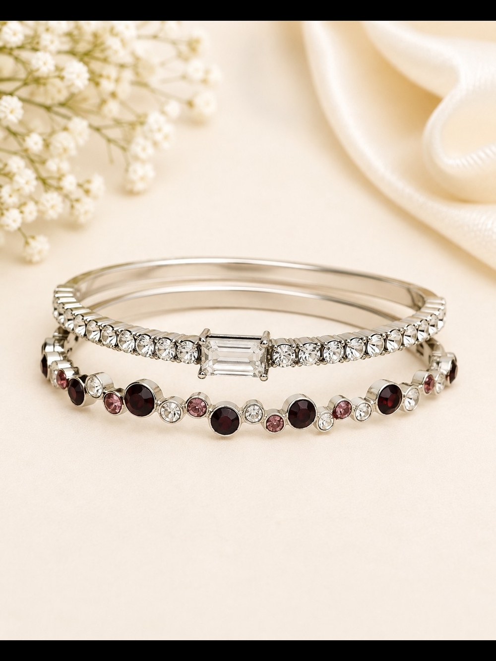 2-Piece Silver Tone Rhinestone Bangle Bracelet Set Red Green Crystal
